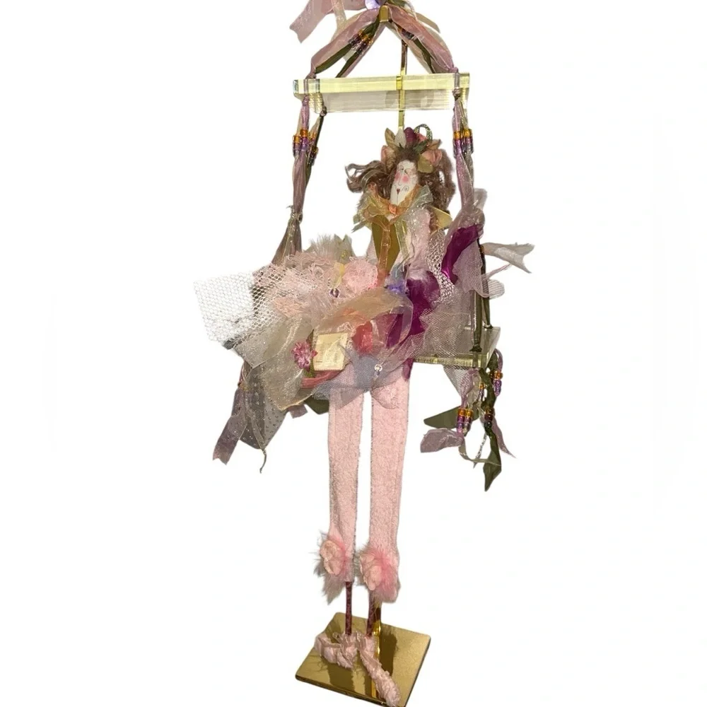NWOT vintage fabric fairy doll on ribboned acrylic swing